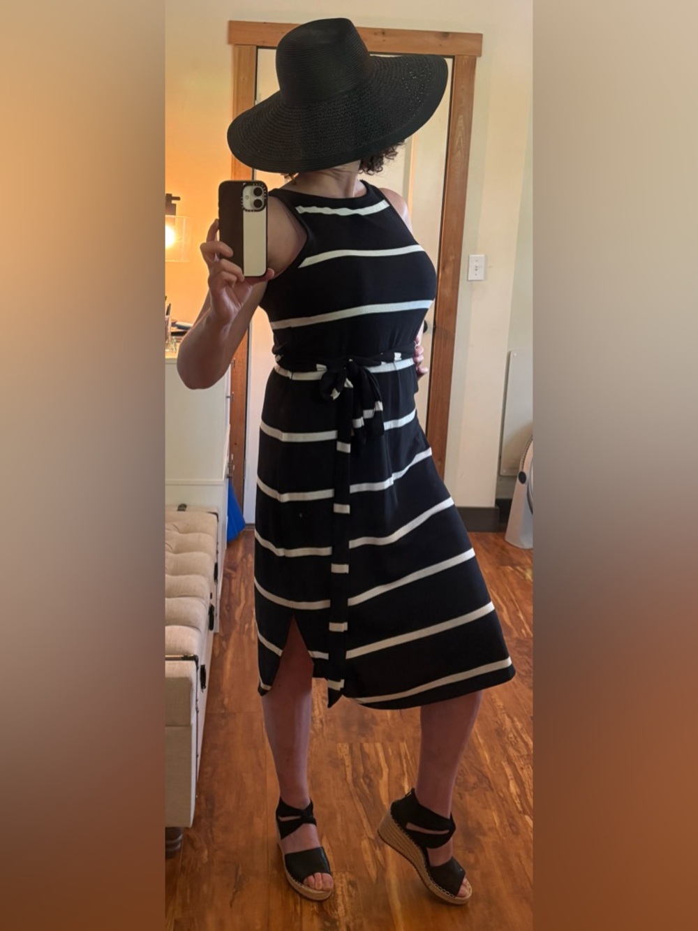 GAP Black & White Striped Tie-Waist Midi Dress, size L, NWT